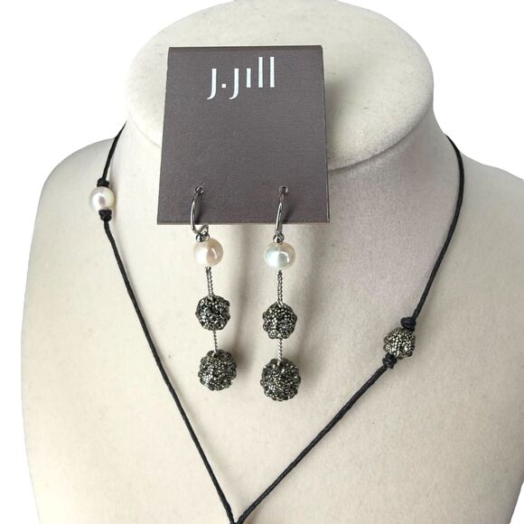 J. Jill Pearl Pavé Earrings w/ Beaded Adjustable Cord Necklace Set Y Statement - Picture 3 of 14
